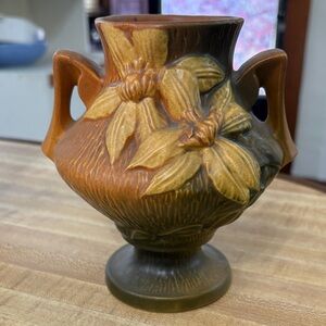 Floral Two-Handled Vase - Brown and Green